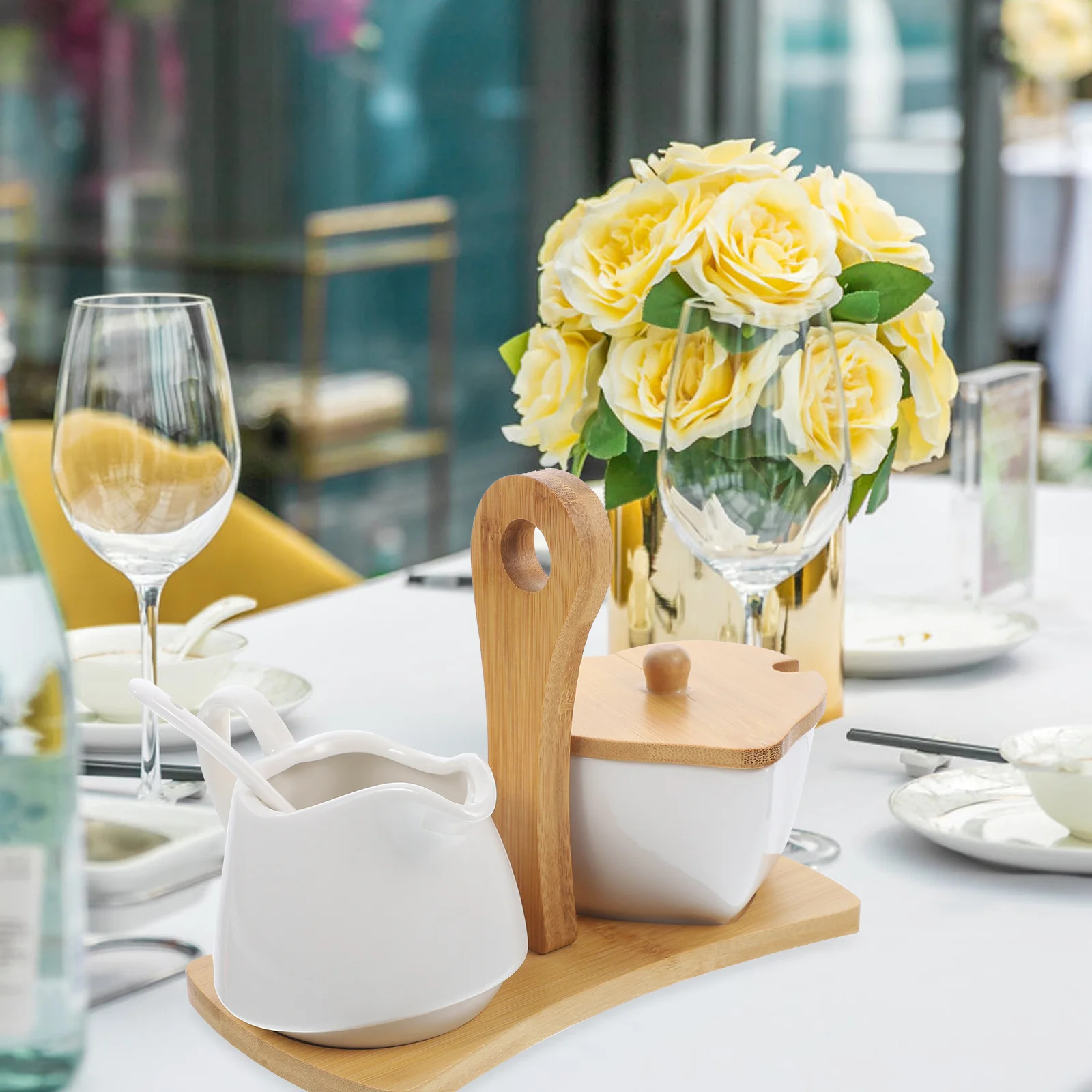 

Ceramic Sugar Creamer Set With Bamboo Tray Cream Pitcher Sugar Bowl With Spoon For Home Kitchen Tea Station Decor Gift