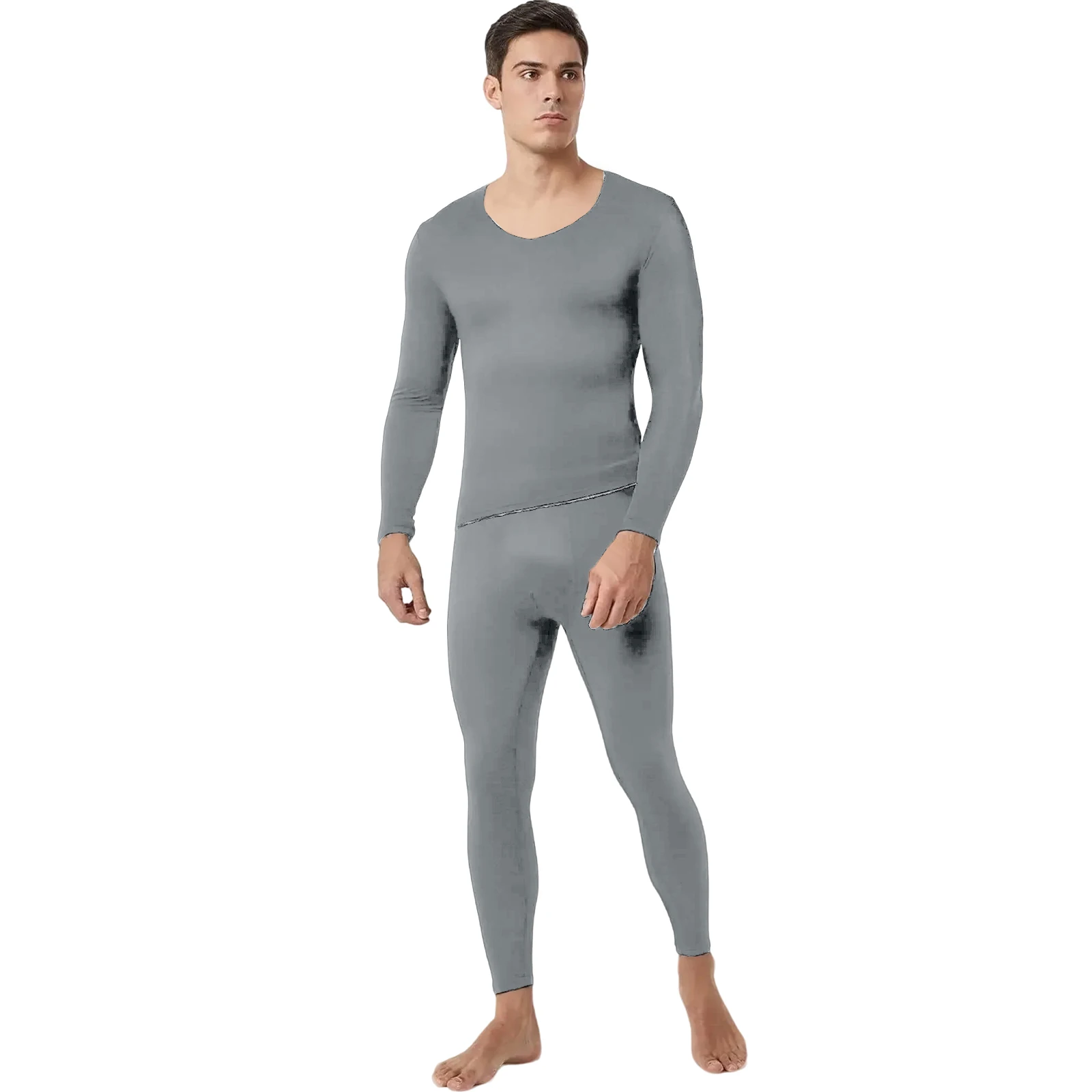 

Men's Comfy Skiing Underwear Set Fleece-Lined Thin V-Neck Imitation Cationic Thermal Underwear Set Daily Warming Set Seamless