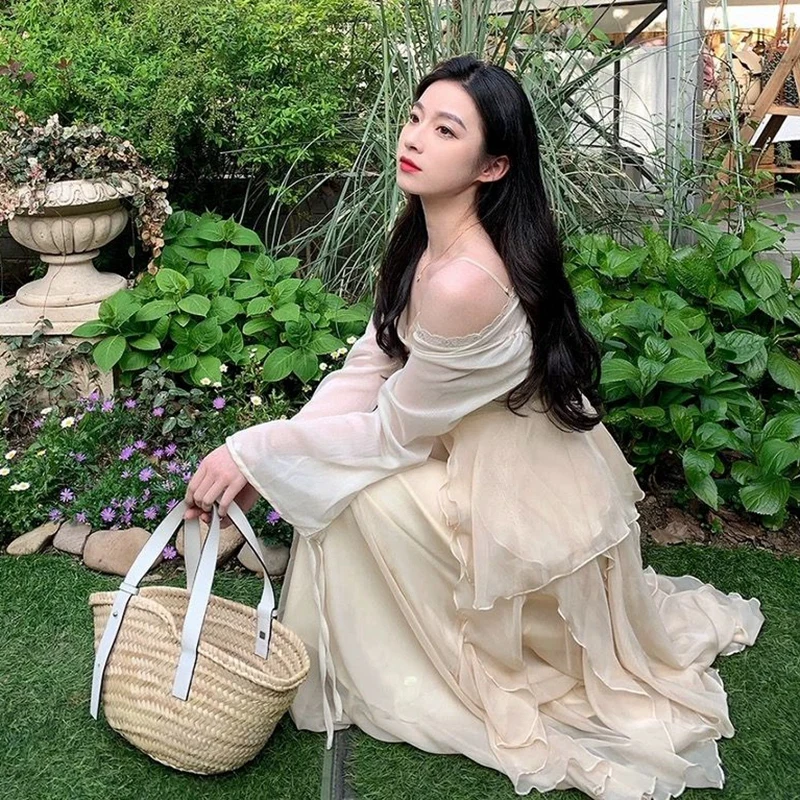 2025 verão 2 pçs sexy cinta de espaguete fairycore irregular em camadas vestido para mulheres coreano fino ajuste e emagrecimento temperamento vestido