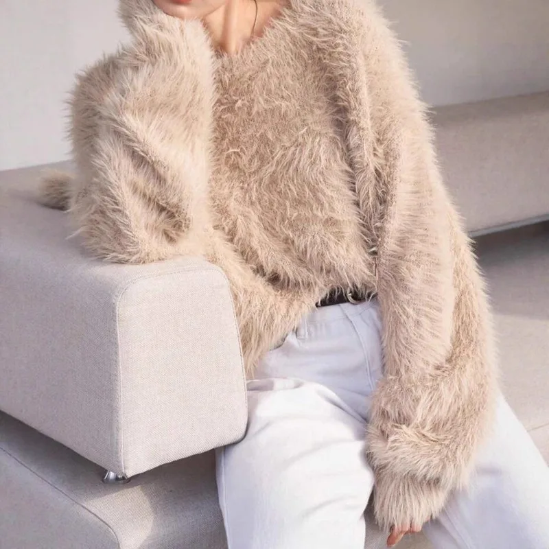 2025 موضة المرأة ربيع الخريف محبوك أكمام س الرقبة فضفاضة البلوز سترة بلايز سحب السيدات الشتاء الياقة المدورة سترة