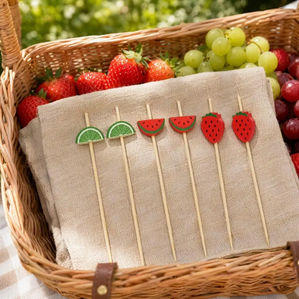 Bamboo Fruit Skewers Natural Bamboo Cocktail Picks 100pcs Disposable Fruit Tags Cartoon Decor Cocktail Picks Durable for Fruits