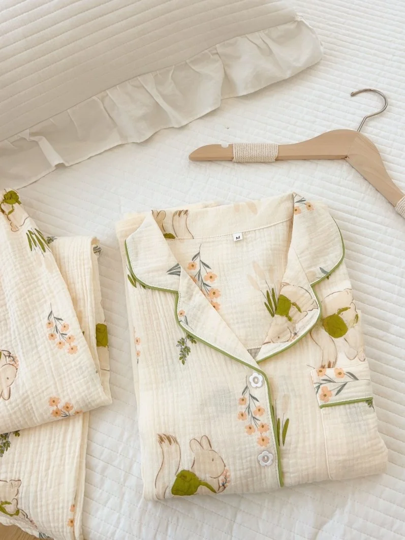 

Japanese Sle Long Sve Cotton Pajamas Women's Spring Autumn Home Clothes Double Layer Baby Gauze Girl Summer Spwear