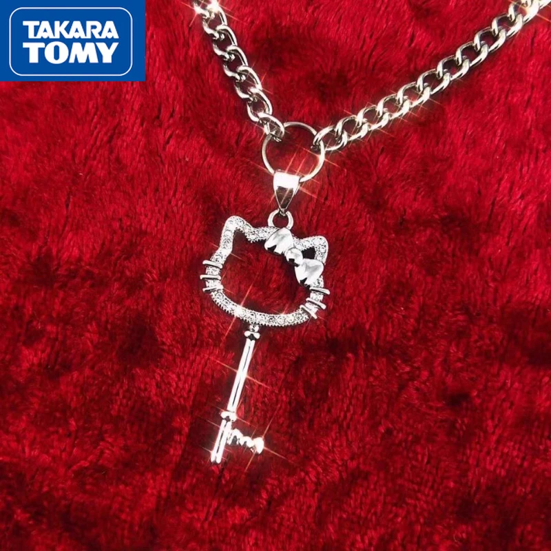 TAKARA TOMY Hello Kitty Women's Diamond Shiny Love Keys Daily Matching Necklace Girls Sweet and Cute Lightweight Couple Jewelry