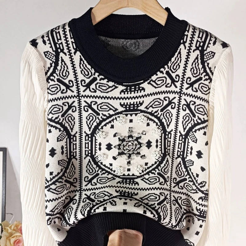 Spring Autumn New Round Neck Long Sleeve Sweater Women High Street Printing Knitting Pullovers Elegant Embroidered Flares Tops