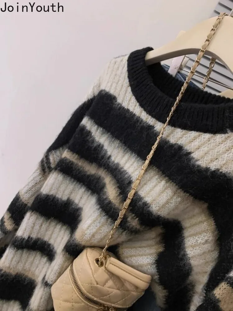 Mohair Striped Pullovers Women Clothing O-neck Casual Vintage Jumper Sueter Mujer Fashion Knitted Oversized Sweater Pull Femme