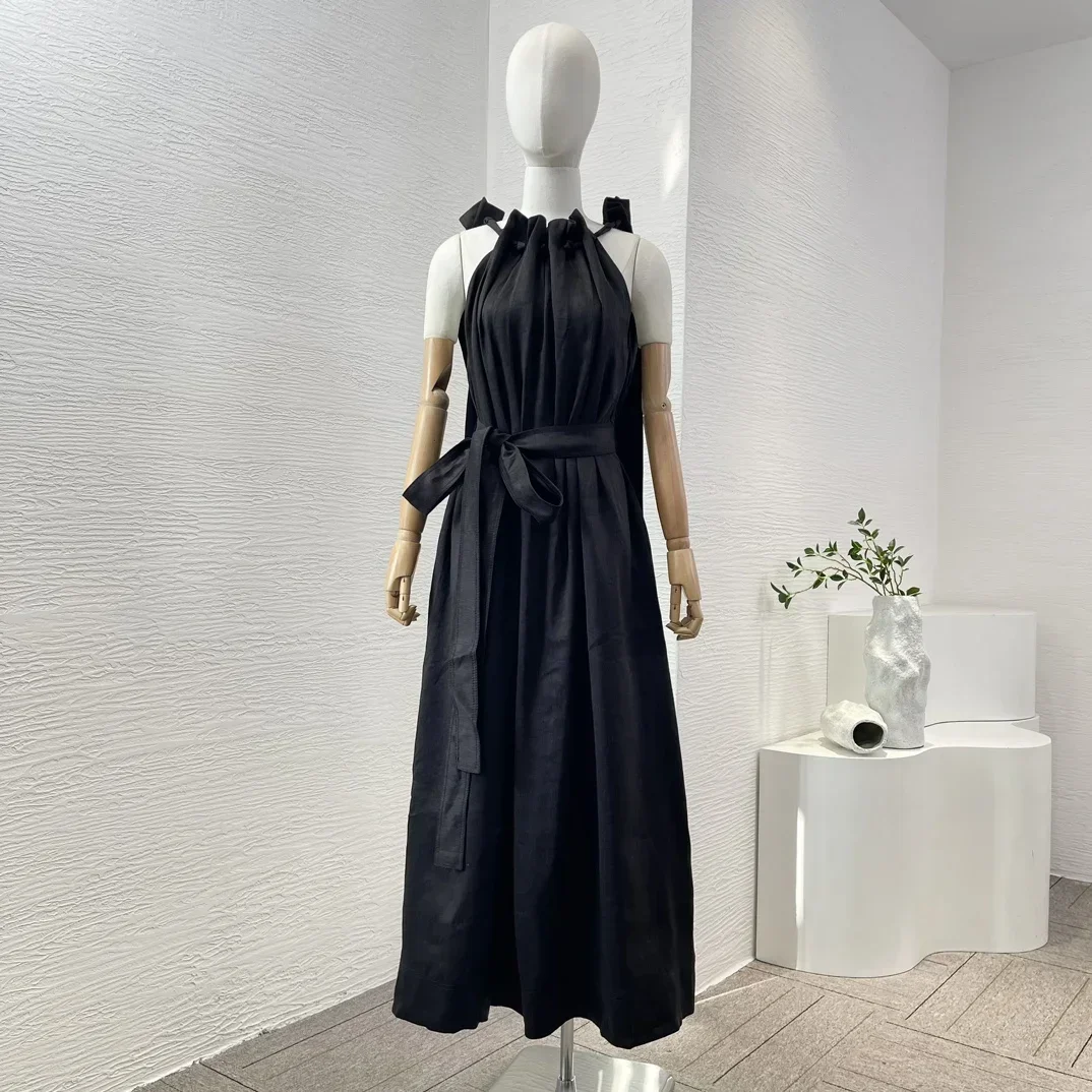 

2024 New Summer Casual Liene Black Halter Ruched Sleeveless Midi Dress for Women