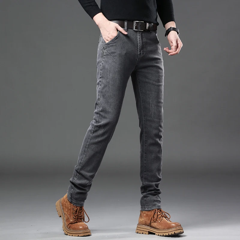 New Pure Gray Korean Slim Jeans Men's Stretch Tight Trendy Jean Trousers Branded Streetwear Comfortable Man Clothing Pants