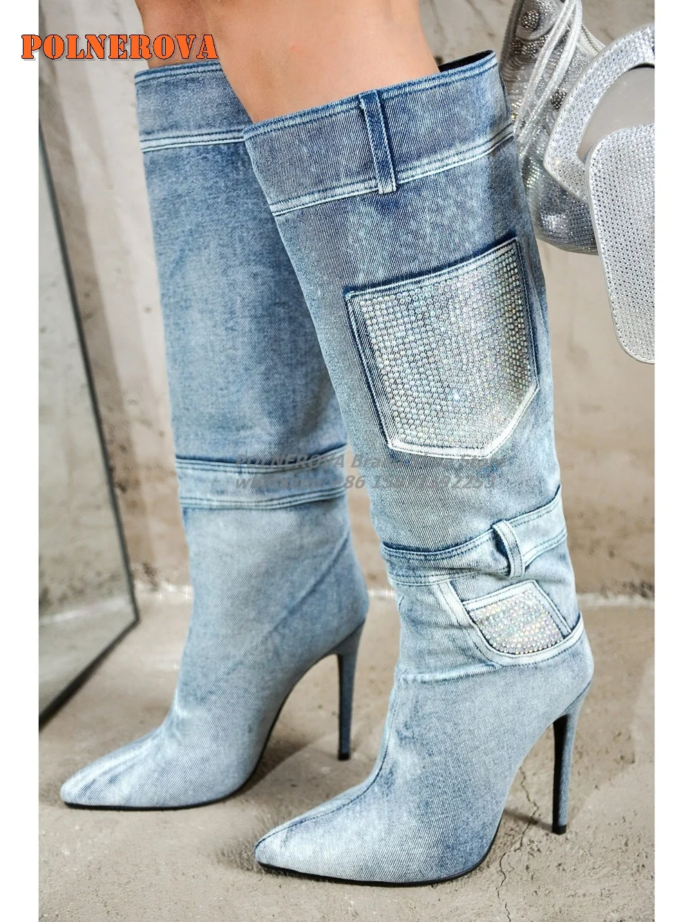 

Rhinestone Pocket Denim Knee-High Boots Pointed Toe Thin Heels Pull On Plus Size Women Trouser Boots Street Style Sexy 2024 Shoe