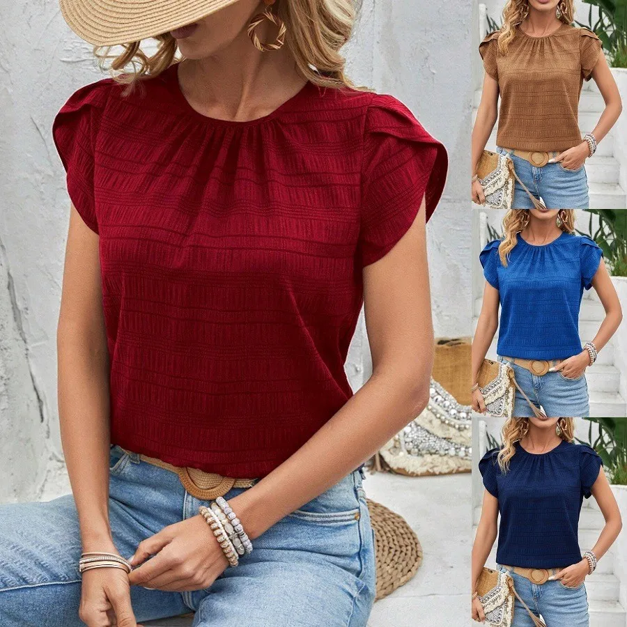 Short Sleeve Blouse For Woman T-shirt Womens Round Neck Blouses Ruffled Sleeve Smocked Bodice Top Cropped Women's Tops Solid