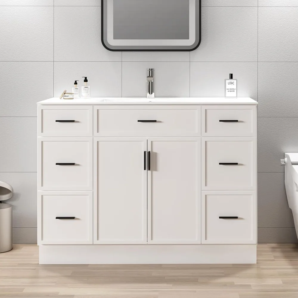 

48 Inch Modern Bathroom Vanity with Sink, White Freestanding Vanity for Floor Standing Storage and White Ceramic Basin