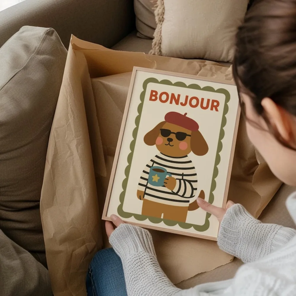 Bonjour Dog Nursery Wall Art,French Puppy Illustration,Modern Kids Room Decor,Cute Animal Print,Playful Digital Poster for Decor