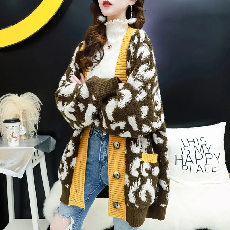 Autumn Women Fashion Long Sweater Loose Cardigans Leopard Casual Cardigans Red Yellow Oversized Knitted Jacket Outwear Winter