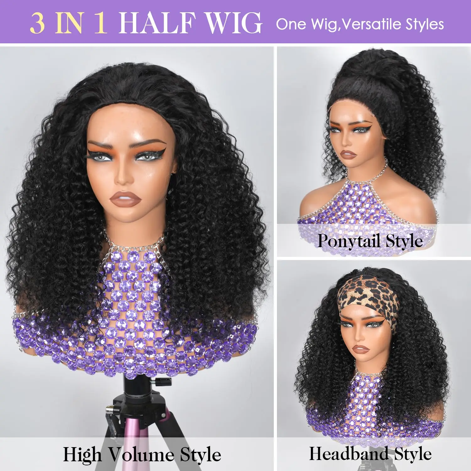 3-in-1 Multi-Wear Jerry Curly Halbperücke, natürliches Schwarz, brasilianisches Remy-Echthaar, maschinell gefertigt, 200 % dicke Dichte, nahtloses Flip-Over-Design, verstellbarer Kordelzug, Wear-and-Go für Damen – Detail 14
