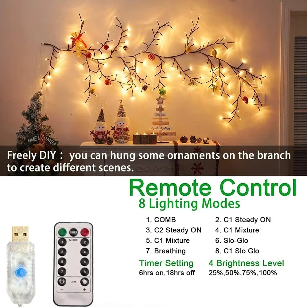 72/96/144LEDS USB Willow Vine Branch Lights 8 Modes Warm White Light for Wall Room Kitchen Coffee Shop Christmas Halloween Decor