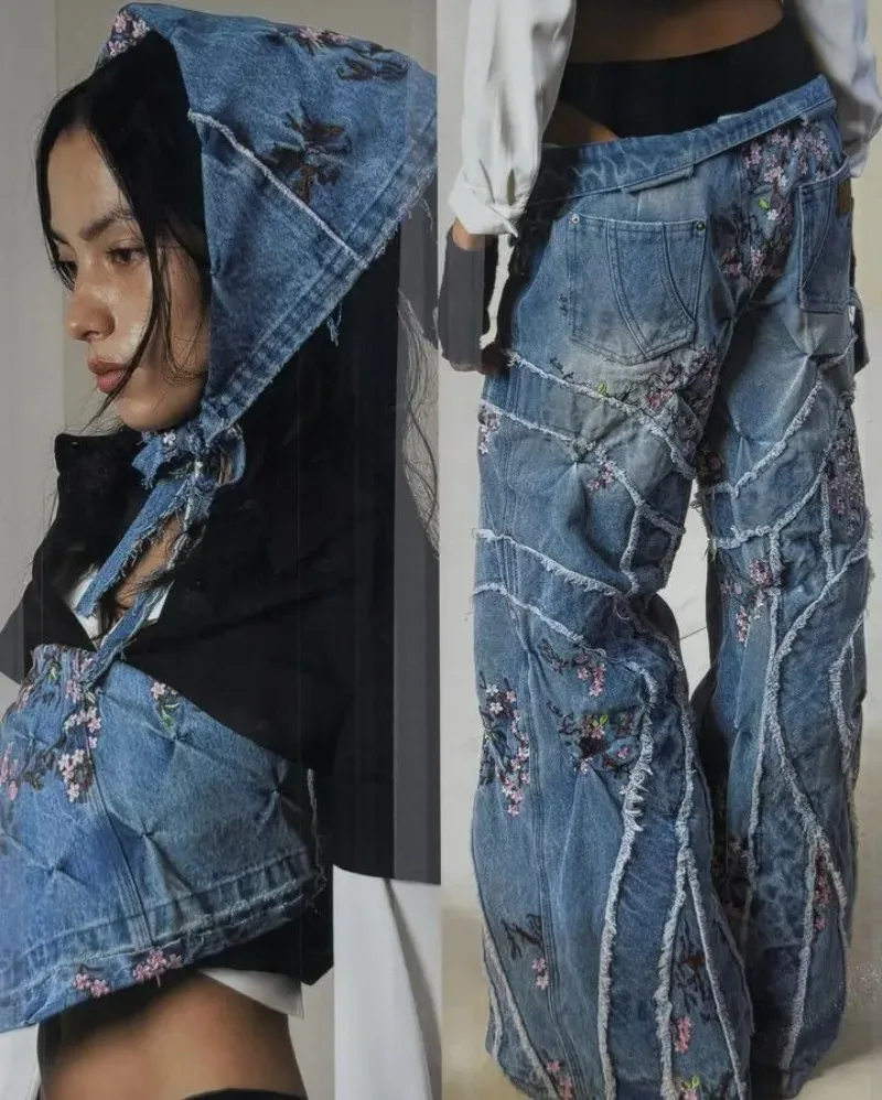 Y2k harajuku gótico moda masculina mulher vintage azul sakura bordado resistente rasgado baggy perna larga jeans