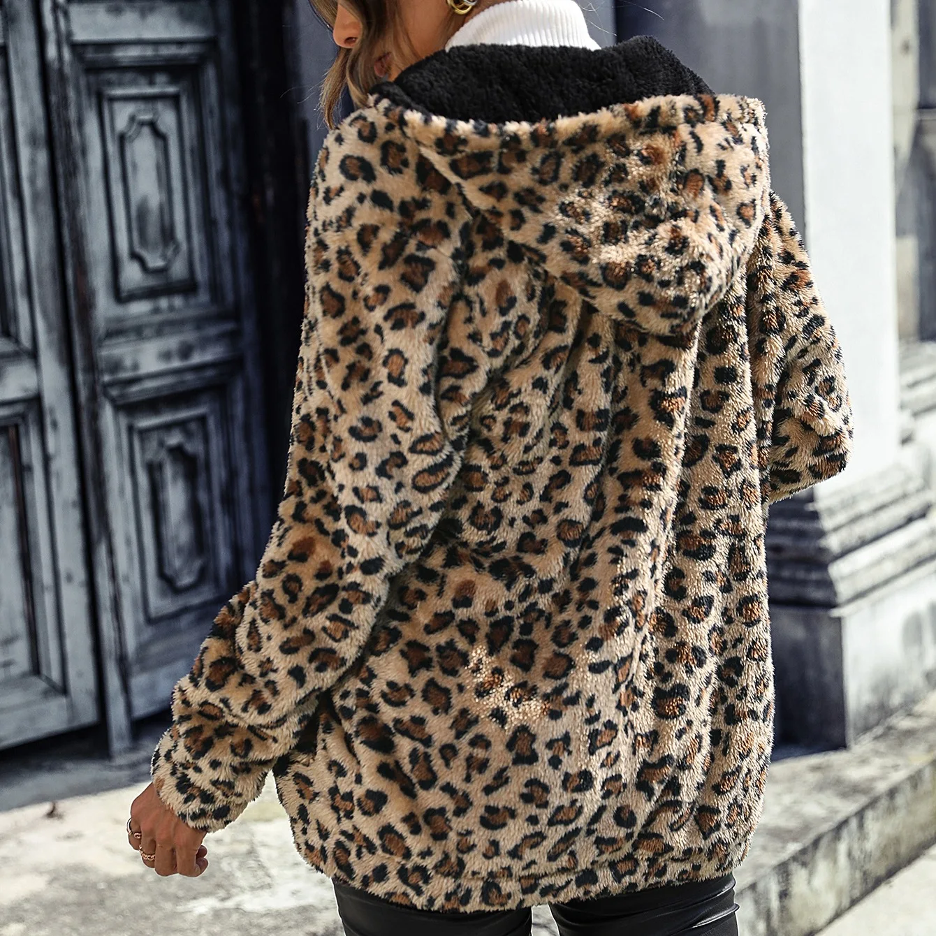 Autumn Winter Women\'s Hooded Long Sleeve Leopard Print Coat  Casual Jacket