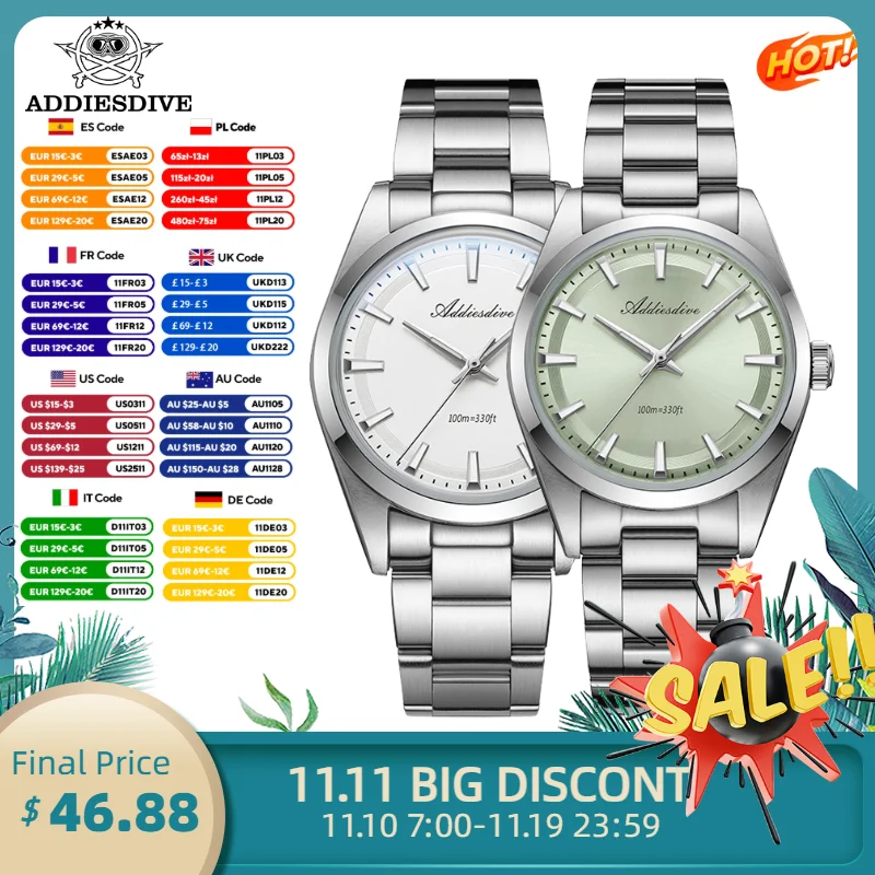 

ADDIESDIVE New Quartz Watch Luxury K1 Mineral Bubble Mirror Glass 316L Stainless Steel Waterproof Simple 36mm AD2066 Men's Watch