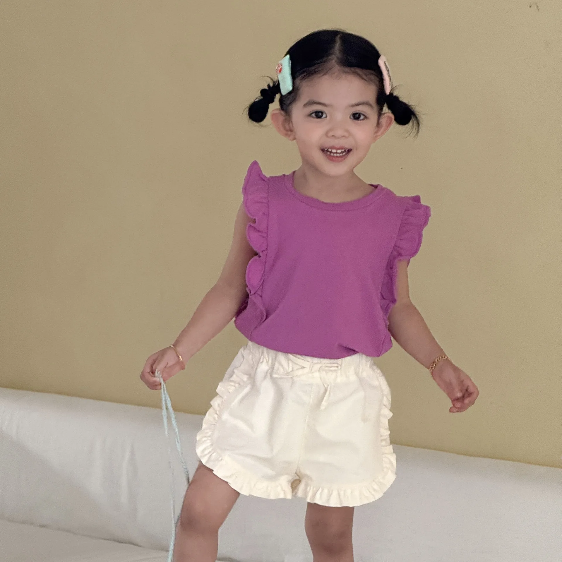 

2026 Summer New Girls Sleeveless Clothes Set Cotton Baby Girl Cute Lace Solid Tops + Shorts 2pcs Suit Kids Sweet Casual Outfits
