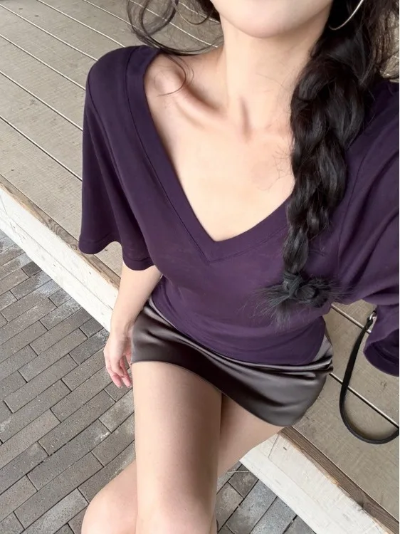 Afslanken Pure Kleur T-shirt Dames V-Ne Ort Sve Losse Taille-Knijpen Zomer Koreaanse Sle Veelzijdige Ademende Top