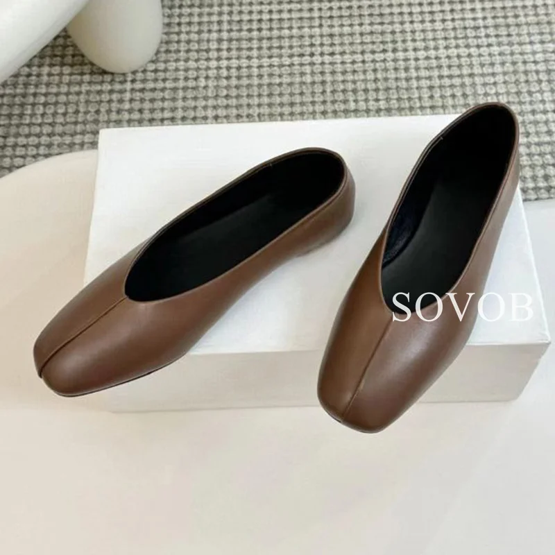 Spring Summer Genuine Leather Ballet Flat Shoes Women Retro Shallow Mouth Square Toe Loafers Versatile Single Shoes Driving Shoe