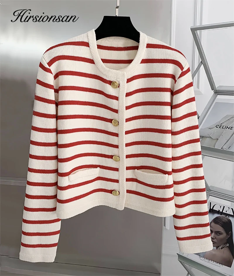 Hirsionsan Vintage Striped Women Sweater 2023 New Western Style Warm Knitted Female Cardigan Loose O Neck Ladies Short Tops