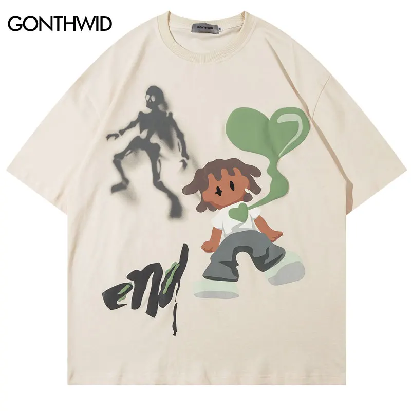 Men Streetwear Hip Hop Oversized T-Shirt Ghost Heart Funny Graphic T Shirt 2023 Harajuku Loose Tshirt Cotton Tops Tees Black