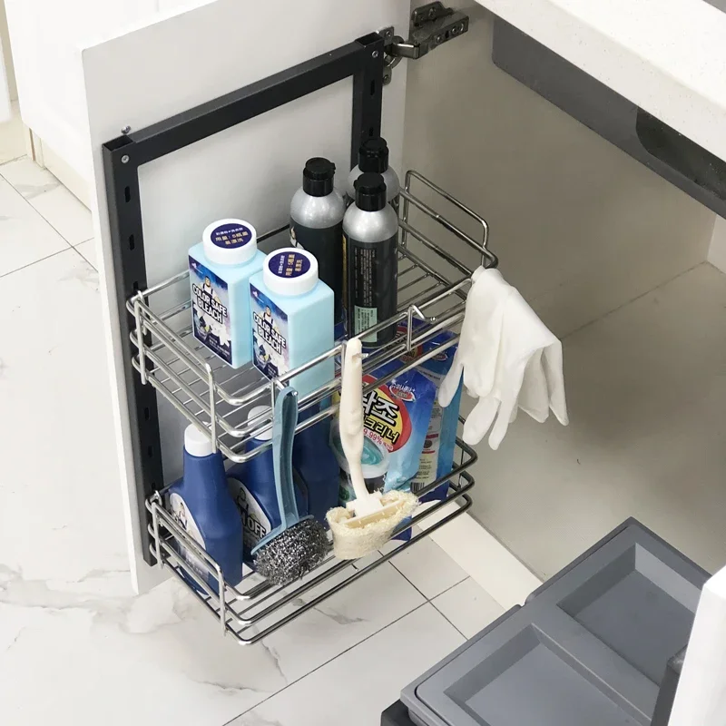 Kitchen trash can with lid, cabinet, sink, bathroom under the basin, stainless steel storage rack, hidden sorting trash can