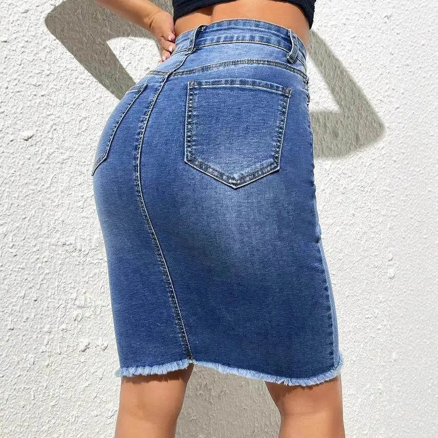Elastic High Waist Frayed Hem Denim  Skirt Wrap around Body Independent Station New Style Men's Fashion Autumn Seven Sleeve view 2