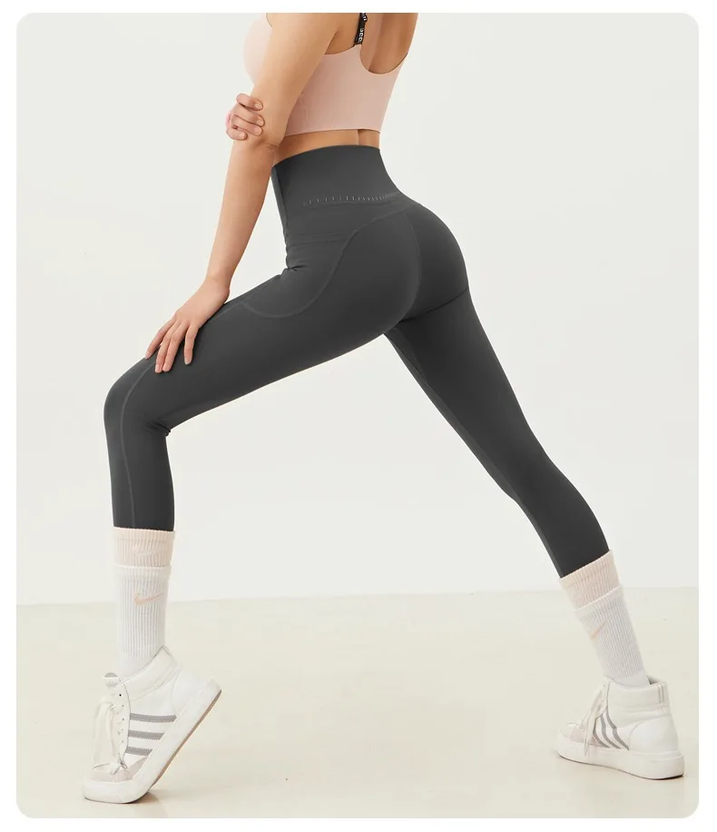 Yoga-Hose für Damen, hohe Taille, pfirsichfarben, hüftformend, schnell trocknend, mit Taschen, ohne Unterwäsche, Fitness-Gym-Hose – Detail 12