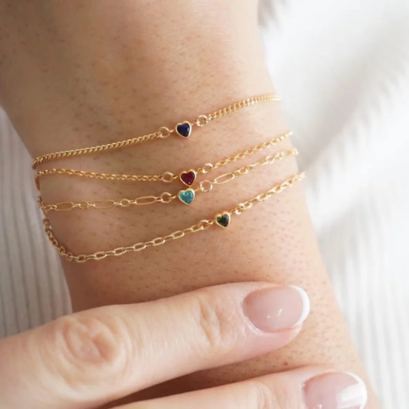 14k Gold Filled Tiny Birthstone Heart Bracelet Personalized Birthstone Bracelet Couple Designer Jewelry Anniversary Gift