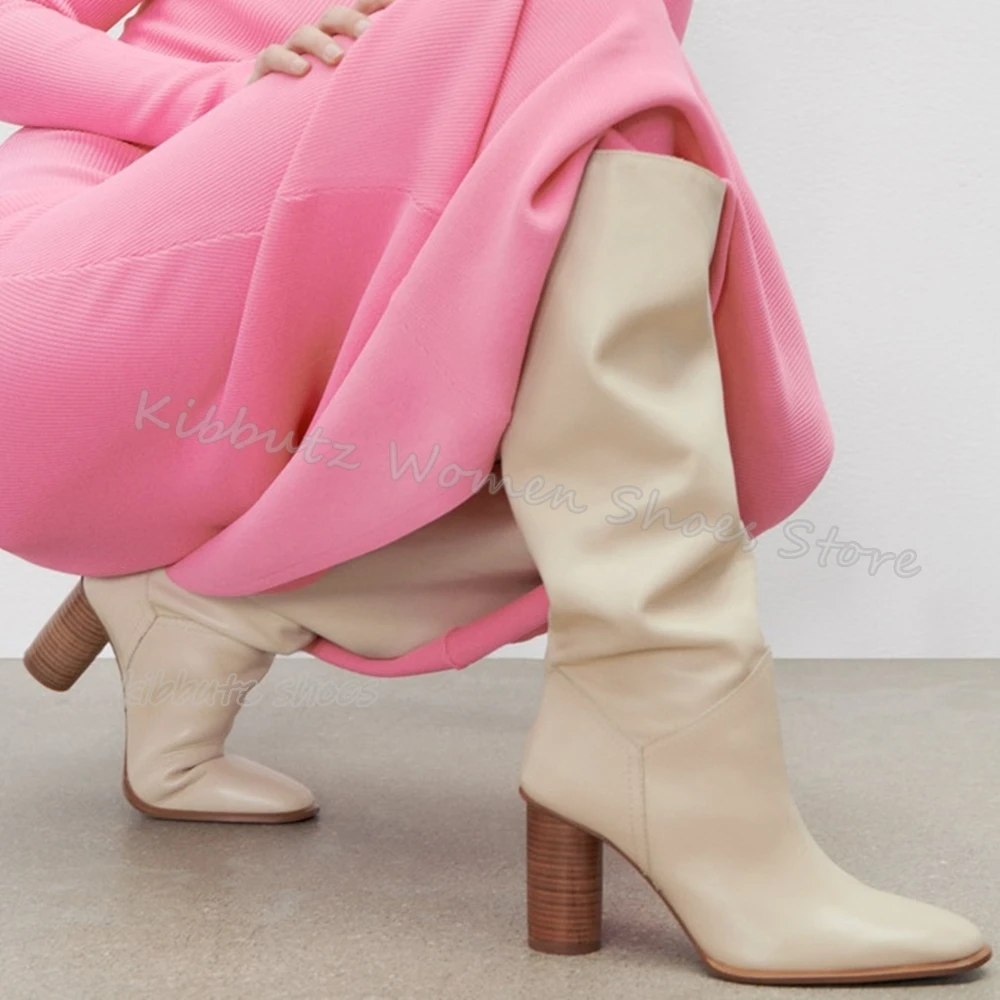 

Genuine Leather Knee High Boot Fashion Sexy Concise Luxury Elegant Solid Color Slip-On Women Shoes New Pointed Toe Chunky Heels