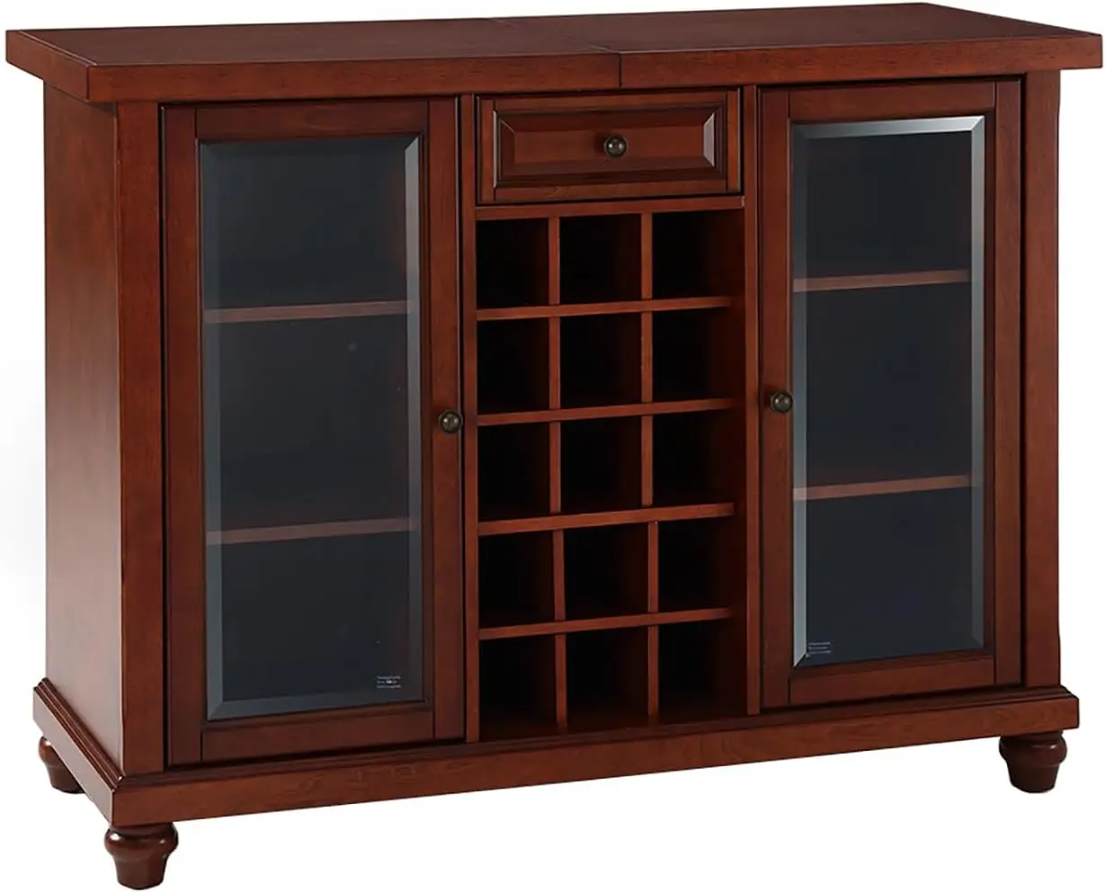 Sliding Top Bar Cabinet with Storage Shelves Drawer and Wine Rack Vintage Mahogany Antique Brass Finish Hardware