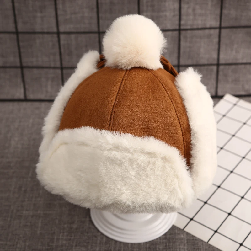 Children\'s Winter Warm Hat Boys Girls Thick Plush Ear Protection Hats Artificial Leather Caps Kids Party Gifts