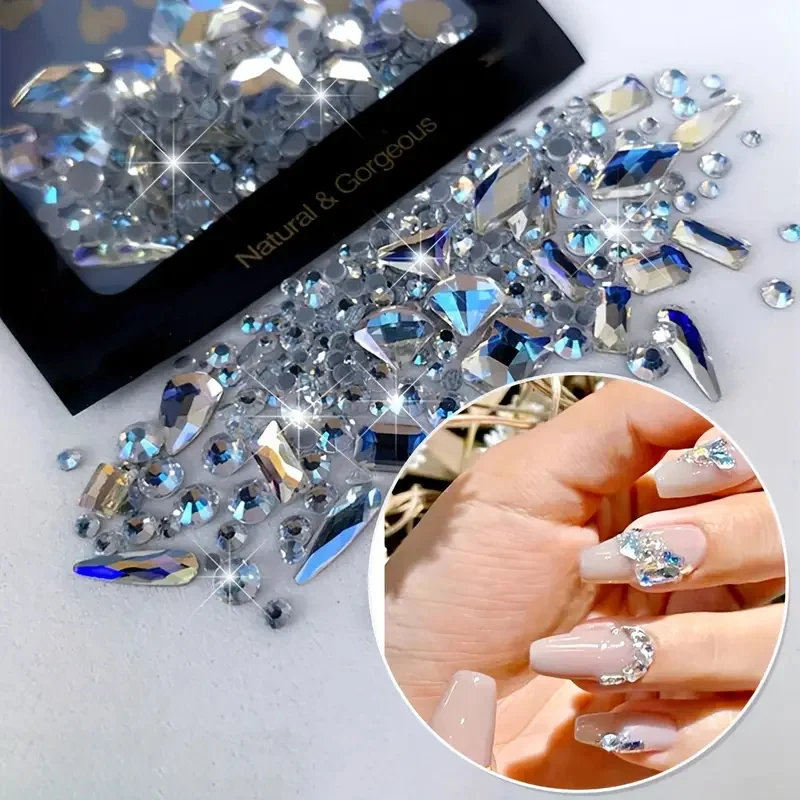 150pcs Flat Round Rhinestone Plus 20 Flat Shaped Large Nail Rhinestones Shapes Charm 3D Rectangular Strass Flat Back Nail Decor*