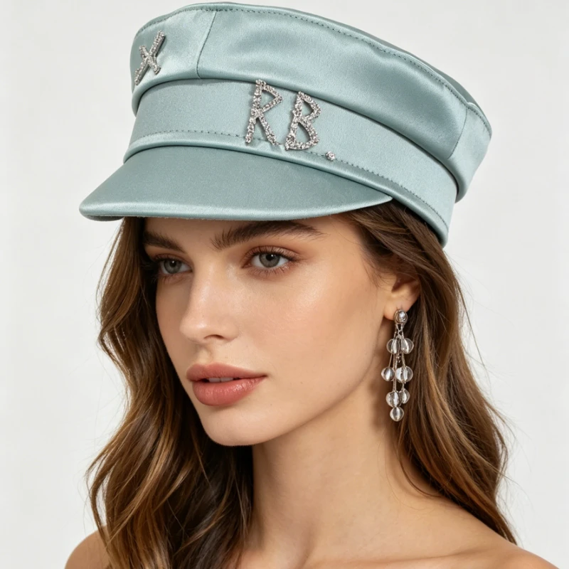 Neue Markendesigner Frühling-Sommer-Kappen für Damen Blaue Newsboy-Mütze mit Diamant-Buchstaben-Verzierung Satin-Baker-Boy-Hut Chapeau Homme – Detail 1