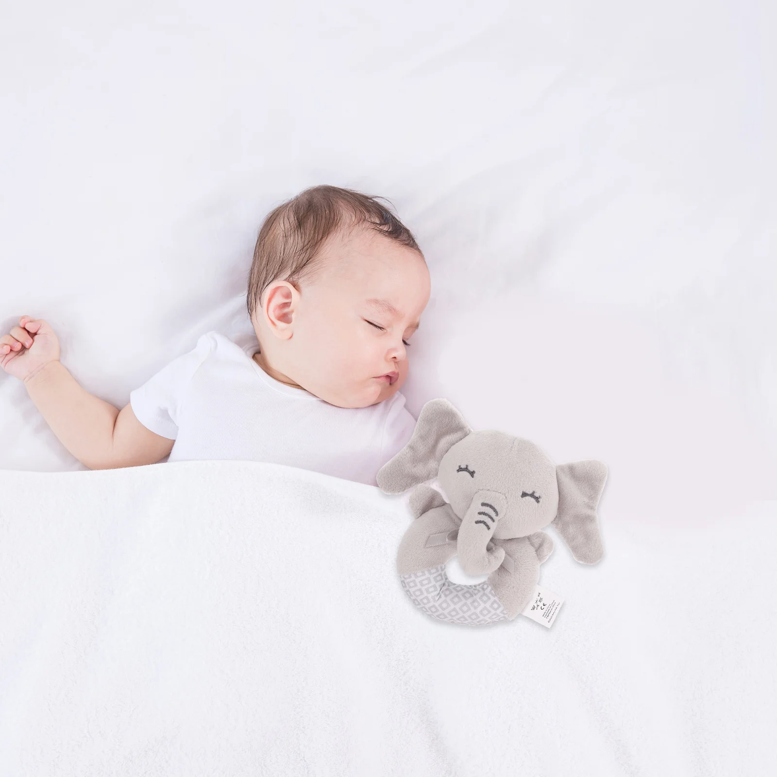 Soft Baby Hand Rattle Cute Elephant Sensory Teether For Tummy Time Newborn Sleep Soother Stuffed Animal Pacifier Holder