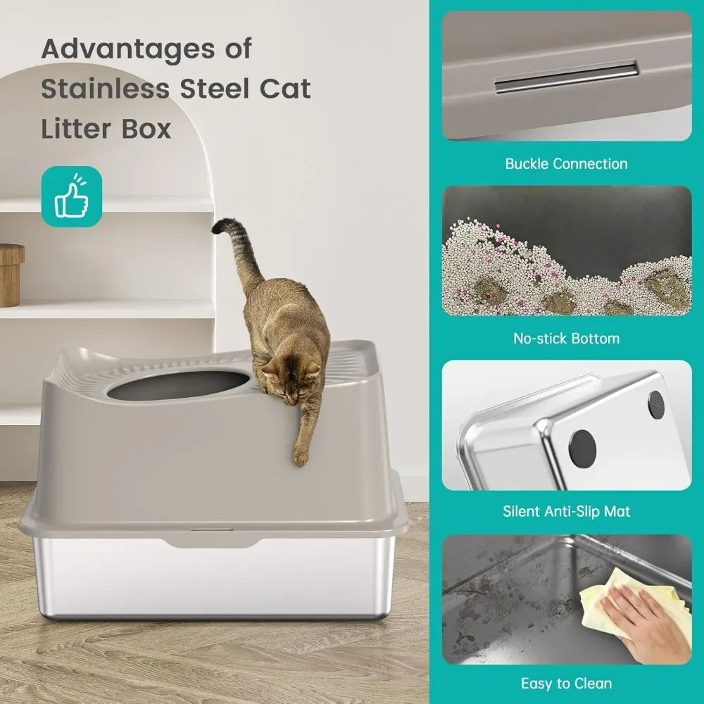 Stainless Steel Cat Litter Box，Enclosed Large Litter Box with High Wall, Metal Cat Litter Box Never Absorbs Odors, Include Scoop