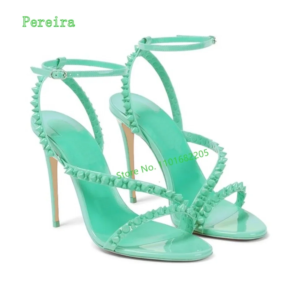 

Green Leather Sandals Women's Summer New Arrival Thin High Heel Round Toe Ankle Strap Buckle Hollow Sexy Party Rivets Shoes