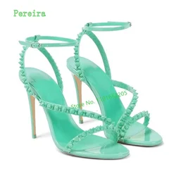Sandali in pelle verde estate delle donne nuovo arrivo sottile tacco alto punta tonda cinturino alla caviglia fibbia cava Sexy partito rivetti scarpe
