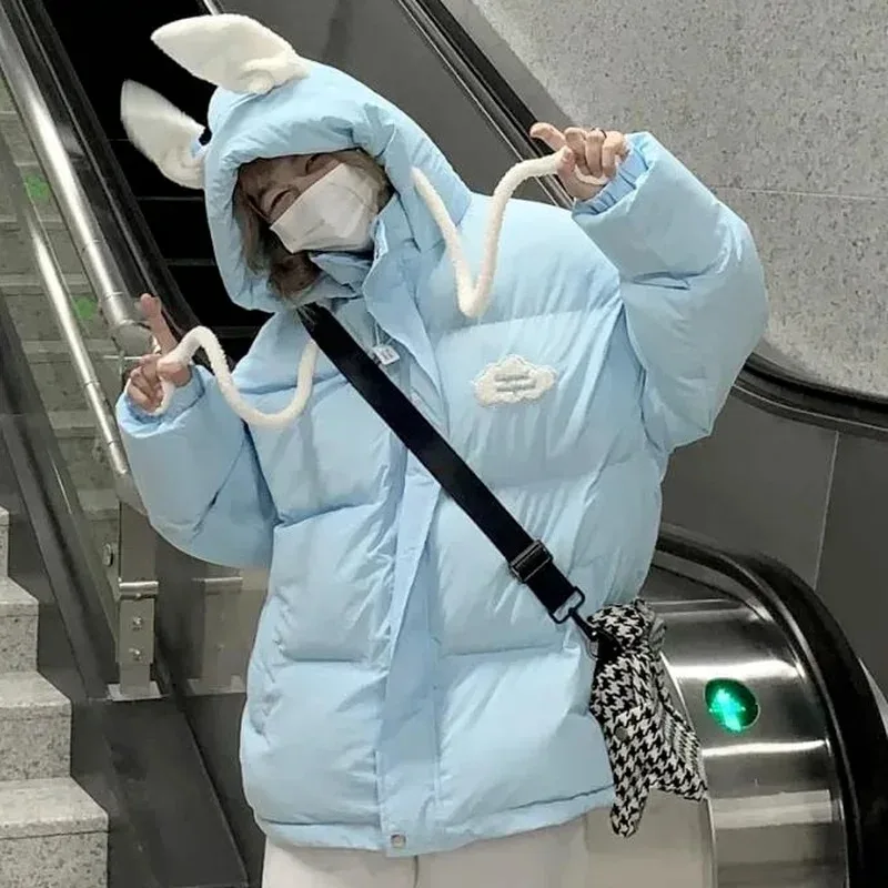 Winter Hooded Cotton-padded Jacket Female Students Loose Kawaii Cute Rabbit Ears Wild Thick Bread Clothing Warm Cotton Jacket