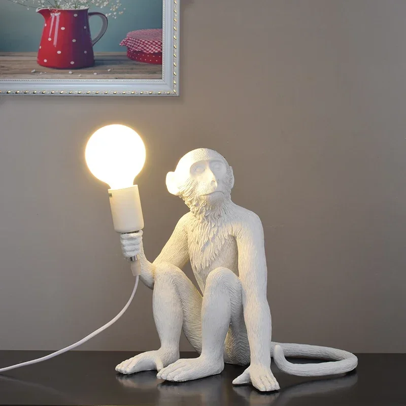 SANDYHA Vintage LED Affe Kronleuchter Nordic Retro Hanf Seil Harz Anhänger Licht Schlafzimmer Studie Wohnkultur Wand Tisch Lampe