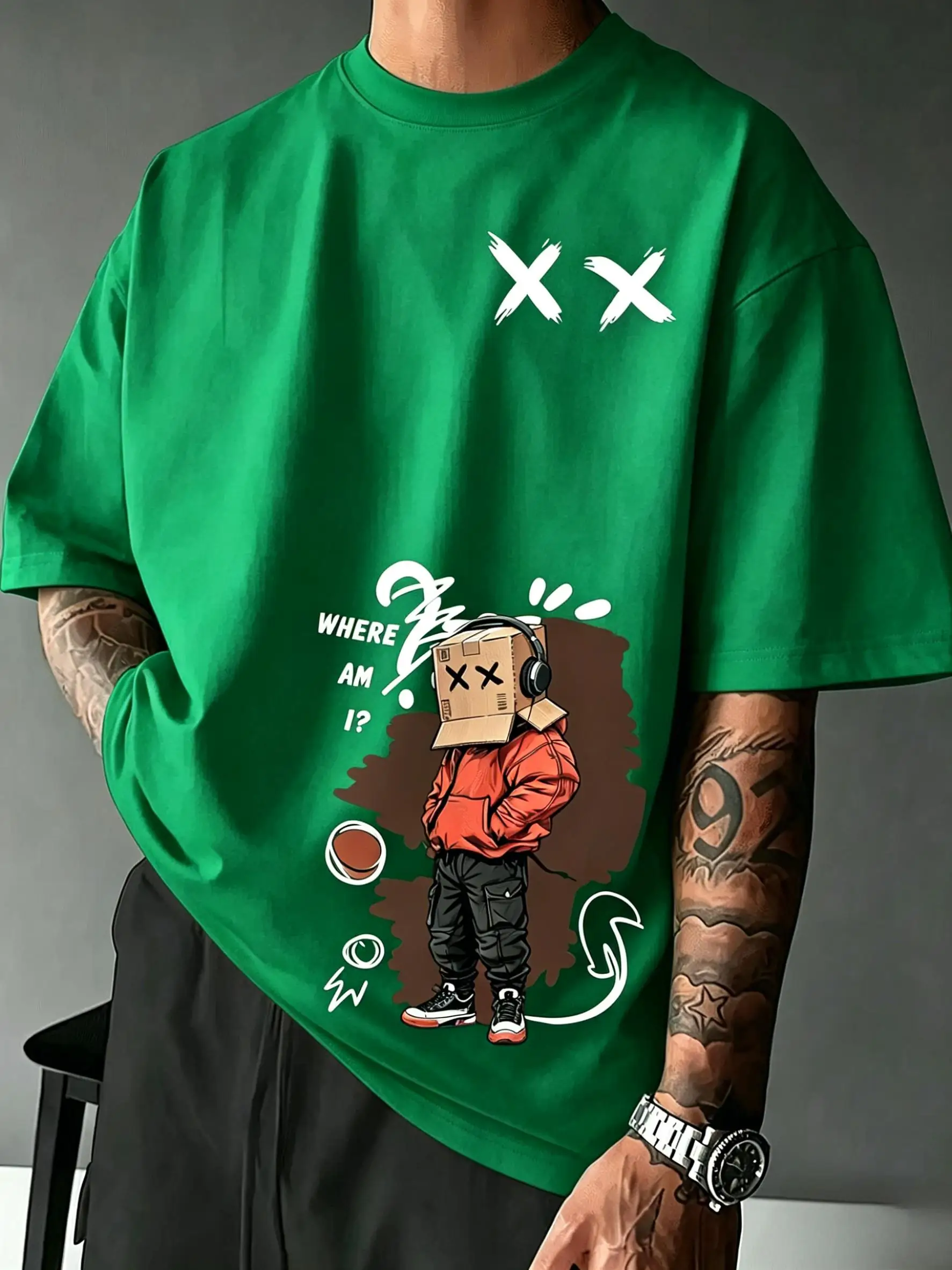 American men's summer teddy bear letter graffiti print micro elastic breathable round neck T-shirt outdoor street top