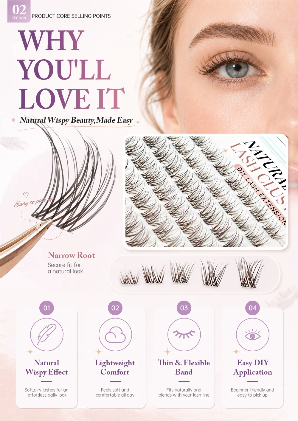 Yelix Natürliche Braune Wispy Cluster Wimpern Gemischt 8-16mm Unsichtbares Weiches Band DIY Wimpernverlängerungen für Heim- und Salongebrauch – Detail 2