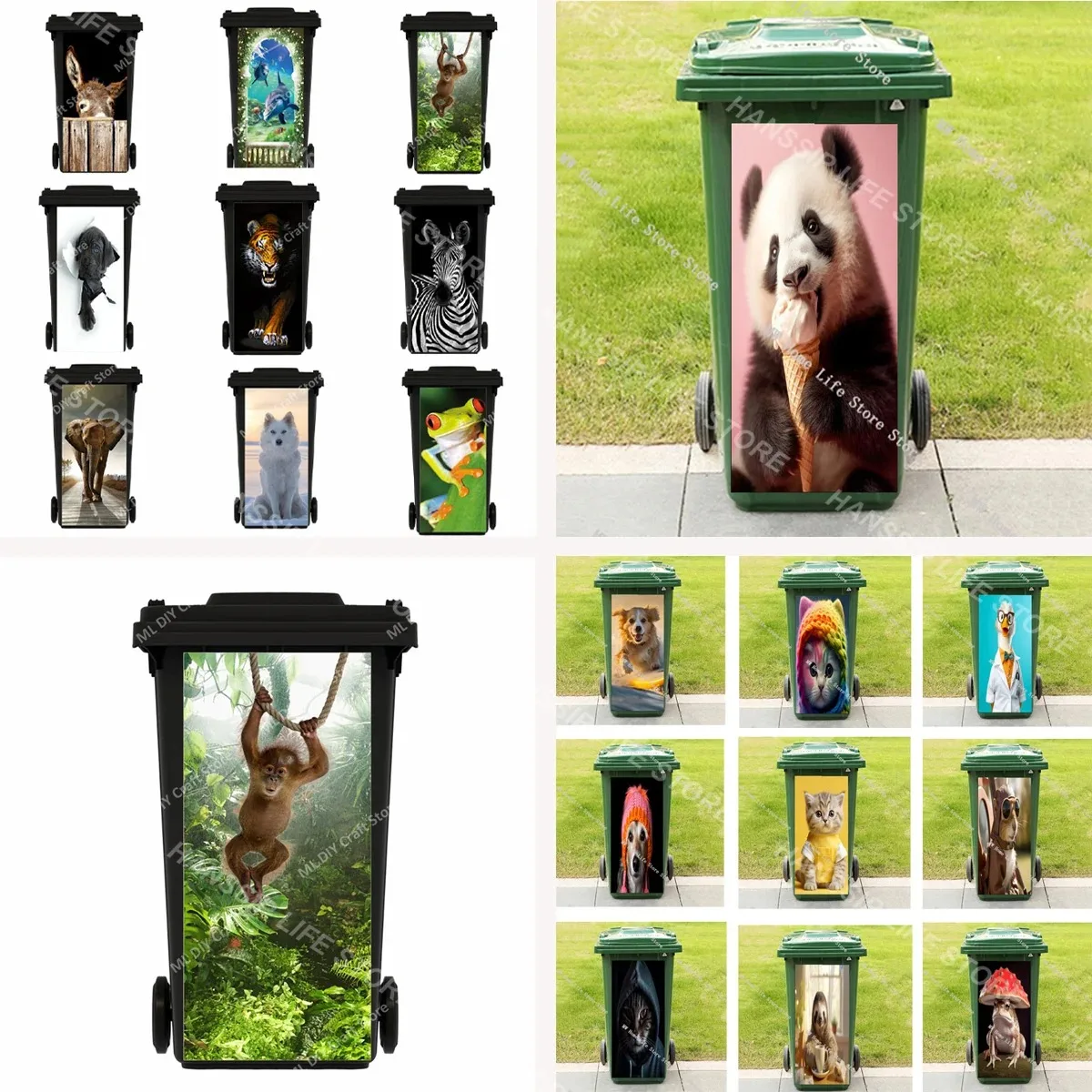 

Funny Animals Cute Panda Sky Mural Trash Can Decals Peel and Stick Waterproof Outdoor Chimpanzee Garbage Bin Stickers
