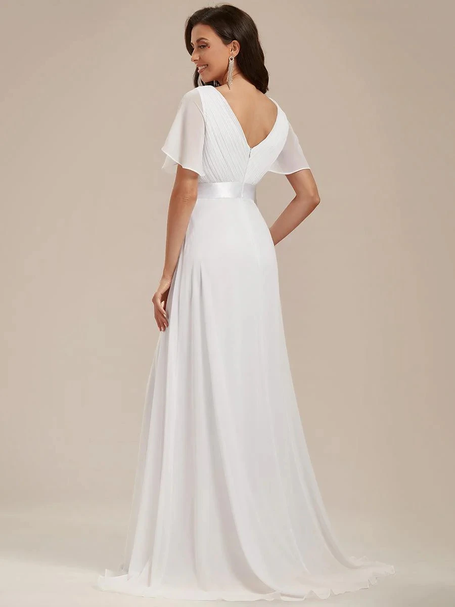 Women Simple Evening Dress Tulle Ruffles Short Sleeve V-Neck Backless Empire Sashes Prom Dress A-Line Maxi Wedding Bridal Gowns image 2