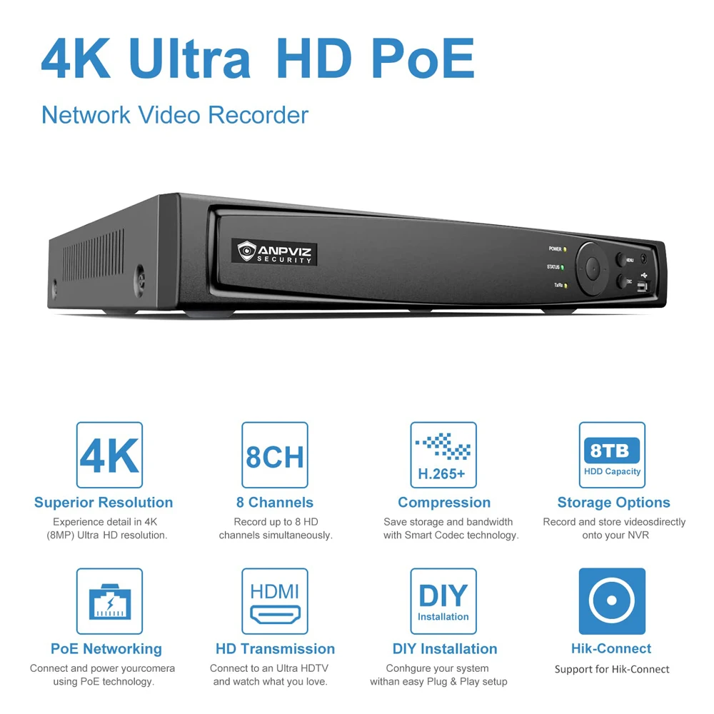 Anpviz 4K 8CH POE NVR OEM DS-7608NI-Q1/8P Network Video Recorder CCTV System HD Video Output P2P View For 2MP~8MP IP POE Camera