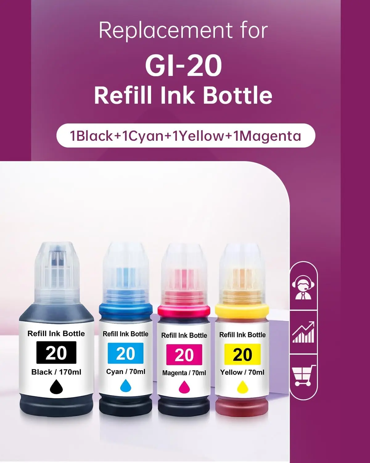 GI20 GI-20 Ink Refill Bottles Replacements for Canon GI 20 Ink Bottles for Canon PIXMA G5020 G6020 G7020 Printers (4 Pack)