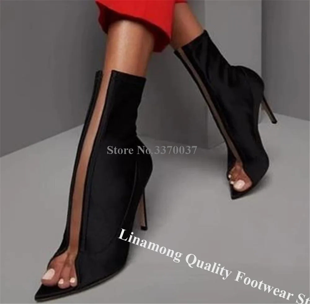 Linamong Elastic Fabric Thin Heel Short Boots Pointed Open Toe Clear PVC Patchwork Stiletto Heel Ankle Booties Big Size Heels