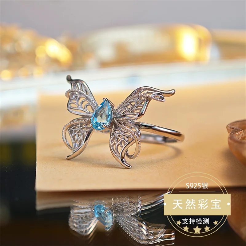 Original 925 Sterling Silver Natural Blue Topaz Butterfly Shape Ring for Women Resizable Ring