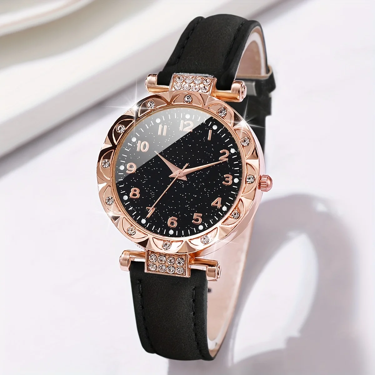 2PCS/Set Shimmering Rhinestone Womens Watch & Heart Bracelet Duo - Quartz Analog Timepiece with PU Leather Strap